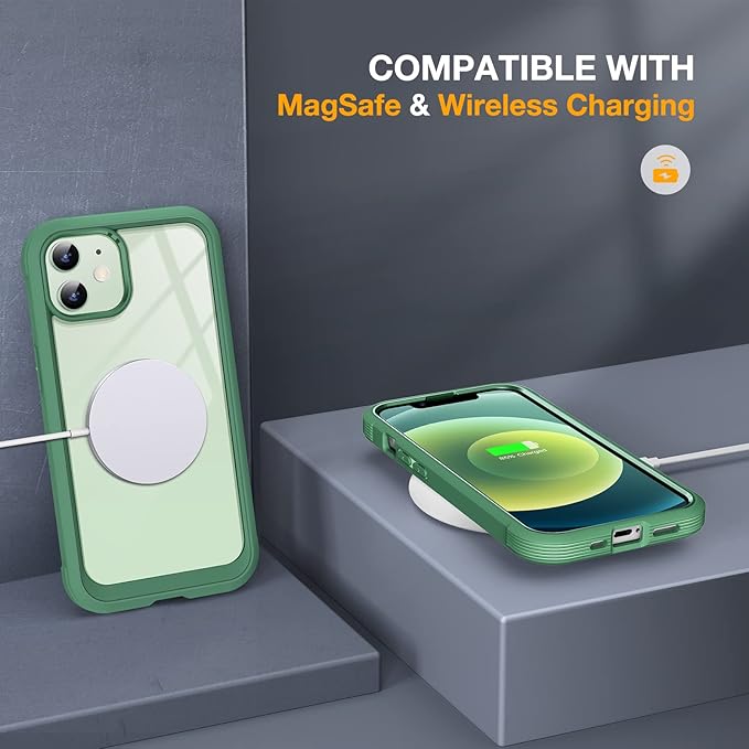 Miracase Glass Series for iPhone 12/12 Pro - Full-Body Rugged Protective Case with Built-in 9H Tempered Glass Screen Protector and Camera Lens Protector - Green
