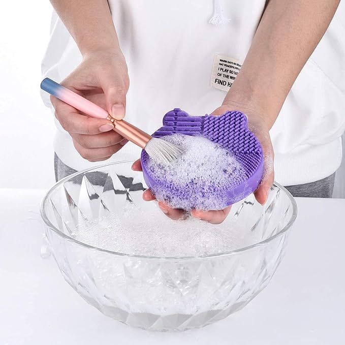 Silicon Makeup Brush Cleaner Mat with Brush Drying manual Make up brush cleaner cleanser machine Cosmetic Brush Cleaning Pad+Makeup Brush Dry Cleaned Quick Color Removal Sponge Scrubber Tool(Rose Red)