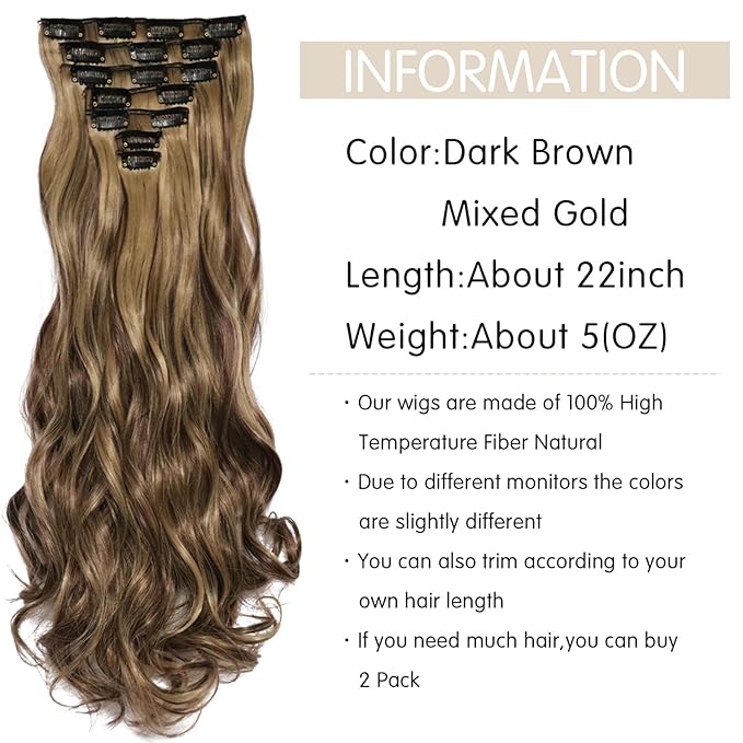 22 Inch Clip In Hair Extensions 7 PCS Long Wavy Synthetic Black Hair Extension & Natural Soft Invisible Clip Thick Hairpieces for Women Daily(20Inch, 7pcs, Dark Brown Mixed Gold)