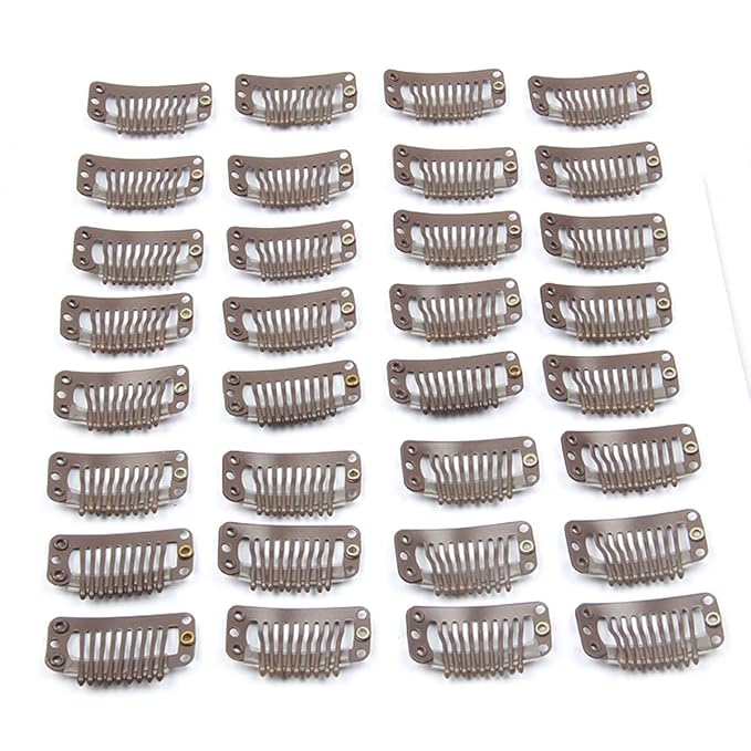 20pcs Metal Snap Clips for Hair Extensions DIY Clip in on Hair Wigs Clip 9 Teeth 32mm 1.2g/pc Dark Brown Color (Brown - Dark Brown)