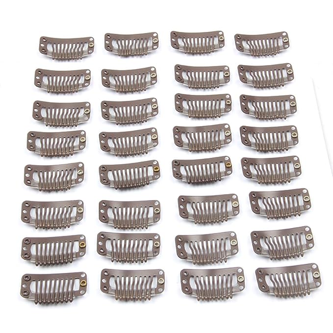 30pcs Stainless Steel Snap Wig Clips for Hair Extensions, Toupee Combs - 9-teeth, 32mm, 1.2g/pc (Dark Brown)