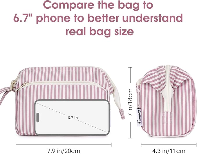 Narwey Striped Makeup Bag Women Wide-open Make up Bag Travel Cosmetic Bag Organizer Toiletry Bag for Cosmetics Toiletries Accessories (Dusty Rose Stripe)