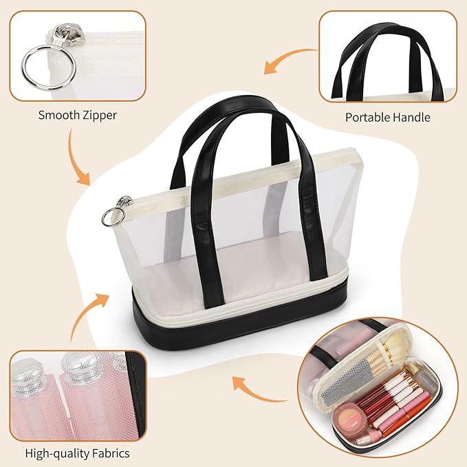 OCHEAL Small Multi-Functional Makeup Bag for Teens and Women Cute Cosmetic Case with Zipper Pouch/Double Handle for Travel Daily Use Multi-Scene Storage - Christmas or Birthday Gift for Girls-Black