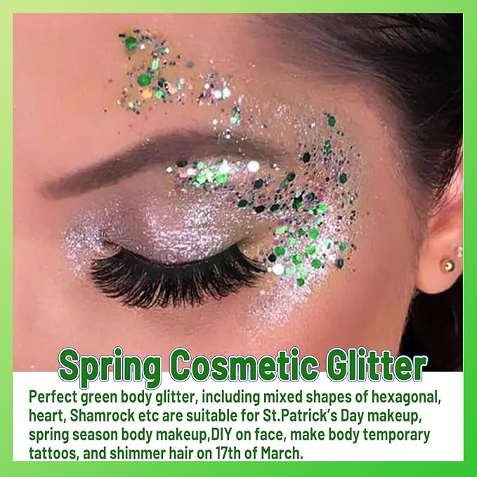 Allstarry Green Body Glitter, 4 Colors Cosmetic Green Face Glitter, Shamrock Face Eyeshadow Makeup Hair and Eye Glitter St Patricks Day Accessories Green Makeup Shamrock Decorations