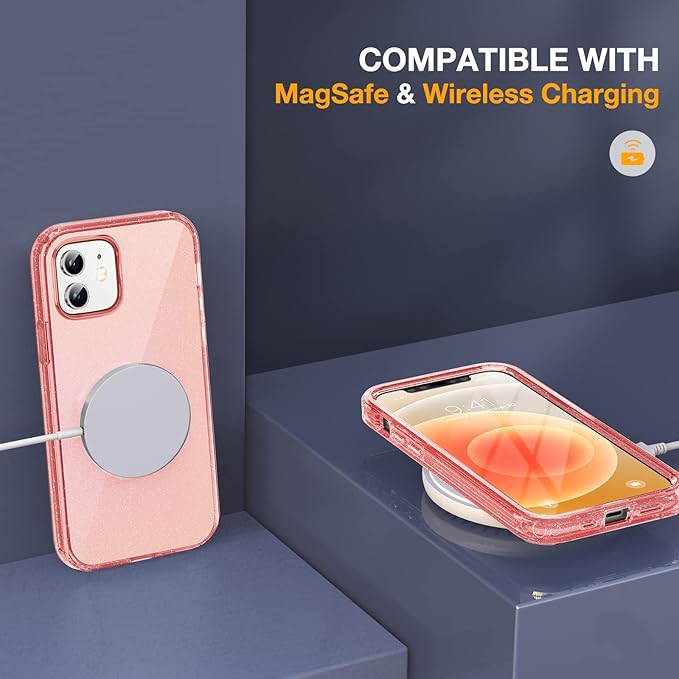 Miracase Glass Series for iPhone 12/12 Pro - Full-Body Rugged Protective Case with Built-in 9H Tempered Glass Screen Protector and Camera Lens Protector - Glitter Rose