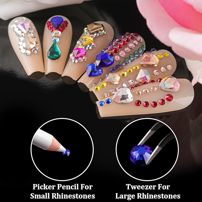 Mixed Color Flatback Round and Diamond Shape Rhinestones Kit, Multi Size Glass Crystals Bead with Pickup Pencil and Tweezer for Nail Art