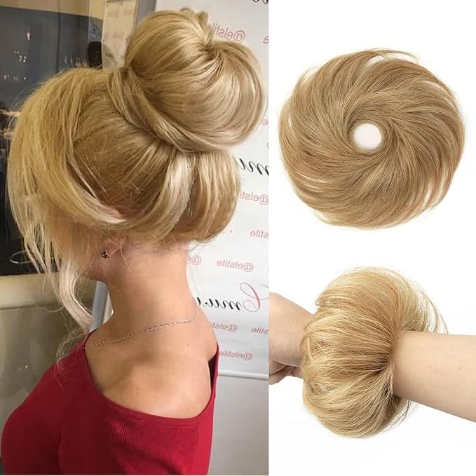1PCS Messy Bun Hair Piece Human Hair Natural Curly 100% Real Human Hair Chignons Scrunchies Hair Fluffy Hair Buns for Women Bun Donut Updo Hair Pieces Bun Extension (#27 Honey Blonde)
