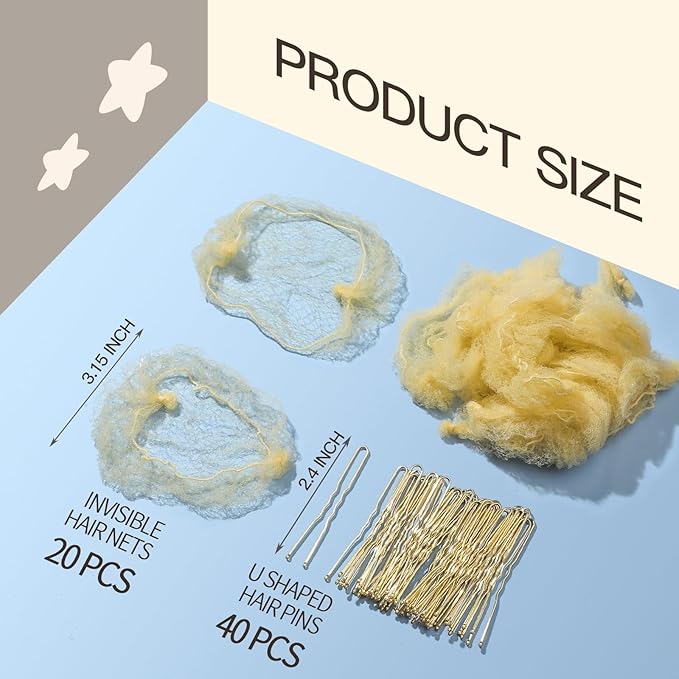 FANDAMEI Hair Net for Kids, 30cm Invisible Hair Nets 20PCS with 40PCS U Shaped Hair Pins, Hair Nets for Buns, Bun Hair Nets for Ballet Girls Hair Accessories Set for Women, Girls-Gold