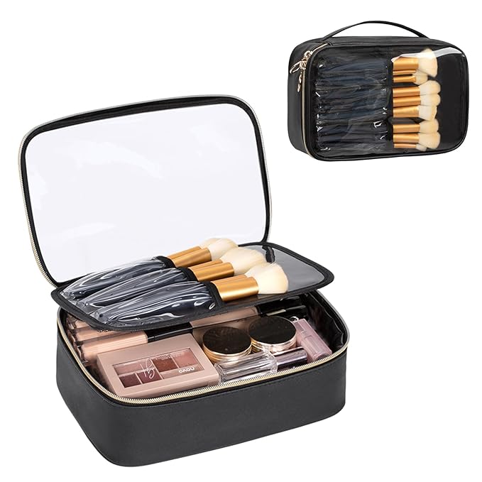 OCHEAL Clear Makeup Bag, Portable Cosmetic Bag Storage, Travel Makeup Bag Cute Clear Pouch For Women and Girls Cosmetics Bags with Divider Makeup Brush Compartment-Black PU Large