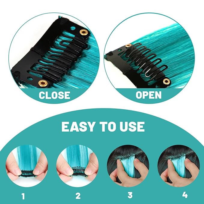 22 inch Colored Hair Extensions Straight Hairpiece, Multi-colors Party Highlights Clip in Synthetic Hair Extensions for Women Kids Girls(10 PCS Teal Blue)