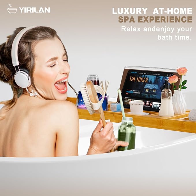 Yirilan Bathtub Tray Caddy, Expandable Wooden Bathroom, Luxury Bamboo Bathtub Tray, Bath Tub Table Caddy, Bamboo