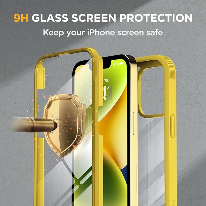 Miracase Glass Series Designed for iPhone 14 Case 6.1 inch, 2022 Upgrade Full-Body Clear Bumper Case with Built-in 9H Tempered Glass Screen Protector and Camera Lens Protector,Lemon