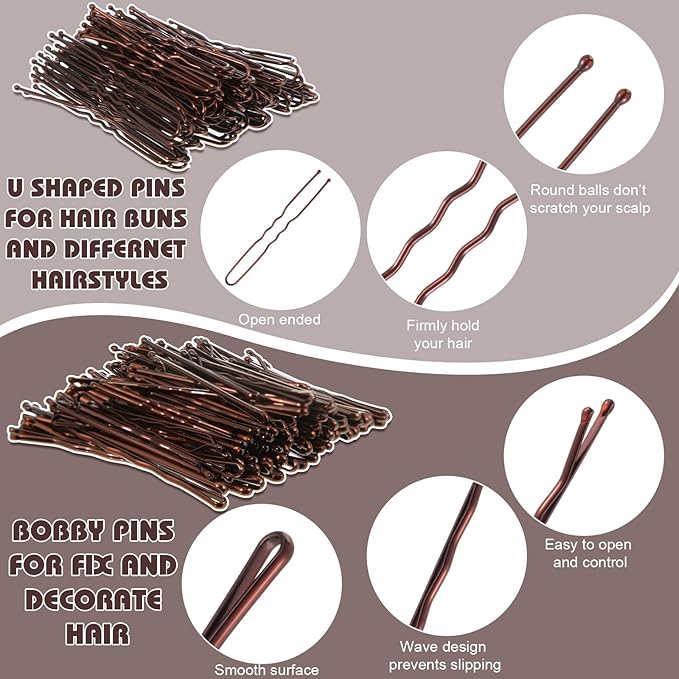 368 Pcs Brown Bobby Pins Hair Pins - 100 Bobby Pins Brown Hair 100 Hair Pins for Women 160 Hair Rubber Bands 4 Hair Clips 4 Hair Nets for Buns with Box