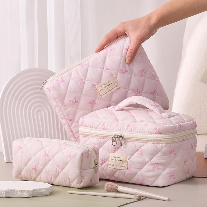 3 Piece Cute Pink Bow Quilted Makeup Bag Set, Large Capacity Travel Makeup Bags for Women and Girls, Includes Small, Medium, and Extra Large aesthetic makeup&Cosmetic Bags (3PCS-Pink SlimBow)