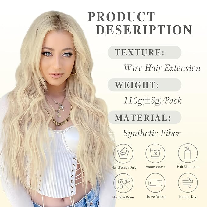 MORICA Invisible Wire Hair Extensions - 20 Inch Blonde Long Wavy Synthetic Hairpiece with Transparent Wire Adjustable Size, 4 Secure Clips for Women