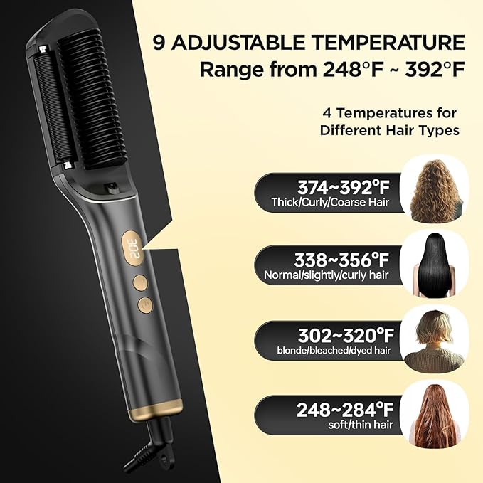 Hair Straightener Brush, Upgraded Ionic Hair Straightener Comb with Oil-Infused, Anti-Frizz Ceramic, Anti-Scald, 9 Temp Settings & LED Display, Dual Voltage, Straightening Brush for All Types