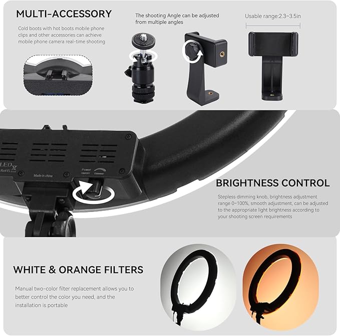 Ring Light Kit 18 "/ 45cm 55W 5500k dimmable LED Light, 70inch Foldable Stand, Phone Clip, Short Video, Studio Video Photography Lighting, Spot Lights,Selfie and Live Streaming Available