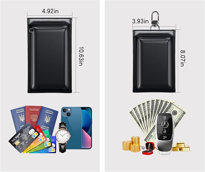 2 Pack Faraday Bags for Phones & Key Fobs, Anti-Theft Signal Blocking Pouch, Fireproof & Waterproof RFID Faraday Cage for Car Keys, Phones, and RFID Cards, Portable Design (Black)