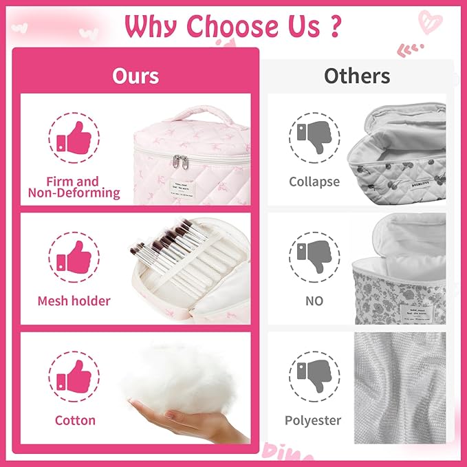 3 Piece Cute Pink Bow Quilted Makeup Bag Set, Large Capacity Travel Makeup Bags for Women and Girls, Includes Small, Medium, and Extra Large aesthetic makeup&Cosmetic Bags (3PCS-Pink SlimBow)