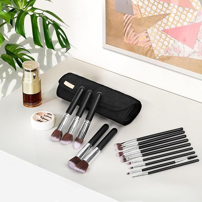 OCHEAL Makeup Brush Set with Holder & Travel Pouch | Professional Makeup Brush Organizer Kit for Women & Makeup Artists | Includes 14-Piece Cosmetic Brushes and Storage Case-Black