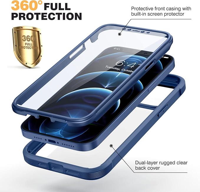 Miracase Designed for iPhone 12 Pro Max Case, Full Body Rugged Case with Built-in Touch Sensitive Anti-Scratch Screen Protector, Soft TPU Case Compatible with iPhone 12 Pro Max 6.7", Dark Blue