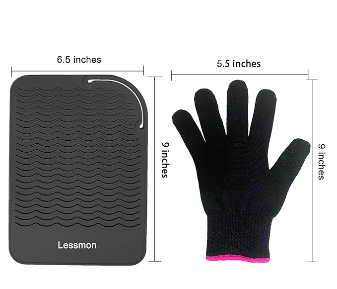 Flat Iron Travel Mat, Curling Iron Counter Protector with Heat Resistant Glove for Curling Irons, Hair Straightener, Flat Irons and Hair Styling Tools, 9” x 6.5”, Black by Lessmon
