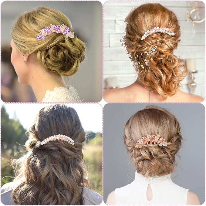 4 Pcs Pearl Rhinestones Hair Accessories, Pearl Hair Side Combs Clip Crystal Rhinestone Hair Combs for Women and Girls, Decorative Combs for Wedding Party Daily (Rose Gold)