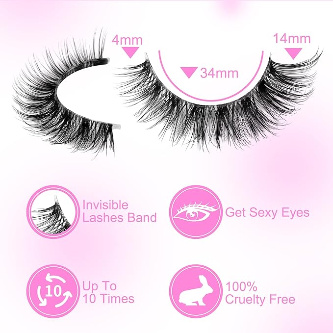 Newcally Lashes Mink False Eyelashes Natural Look Wispy Clear lash Band Fake Eyelashes Volume 3D Curly Strip Volume Cat Eye Lashes Pack 14 Pairs