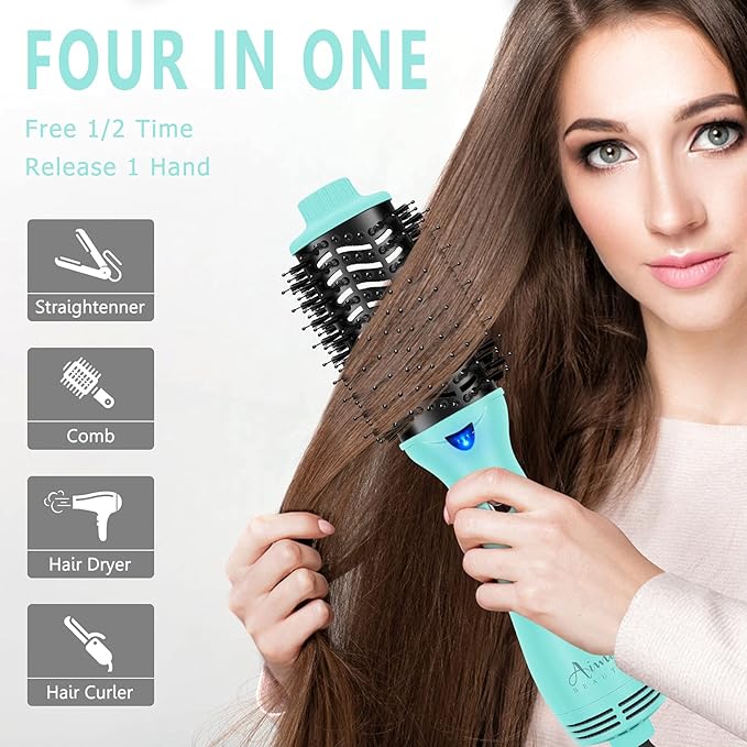 Hot Air Brush, Aima Beauty Professional One Step Hair Dryer & Volumizer 4 in 1 Upgrade Anti-Scald Negative Ionic Technology for All Hair Types, Light Green