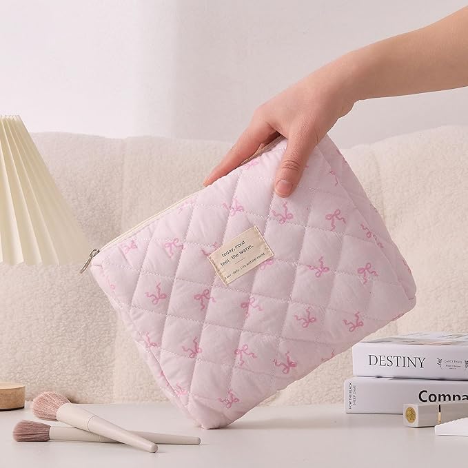 3 Piece Cute Pink Bow Quilted Makeup Bag Set, Large Capacity Travel Makeup Bags for Women and Girls, Includes Small, Medium, and Extra Large aesthetic makeup&Cosmetic Bags (3PCS-Pink SlimBow)
