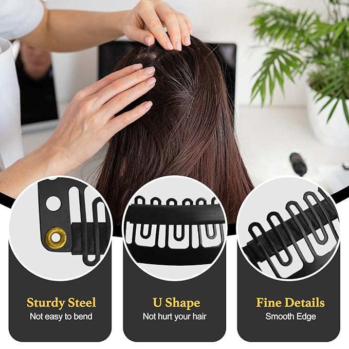 25Pcs 32mm Hairpieces Snap Clips U Shape Wig Clips for Hair Extensions Making Wig Accessories Set Tools (Black)