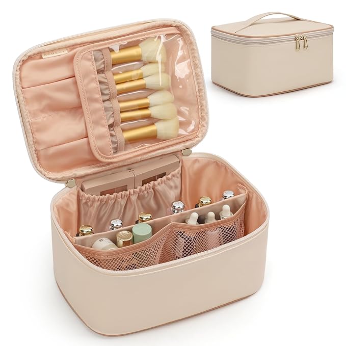 OCHEAL Beige Makeup Bag,Travel Makeup Organizer Bag, Large Capacity Cosmetic Bags For Women Large Travel Toiletry Bag Girls Traveling With Brush Slot And Divider-White