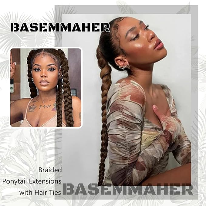 2Pcs Braided Ponytail Extensions with Hair Ties Soft Synthetic Hair Pieces Straight Wrap Around Hair Extensions Pony Tail Hairpieces Accessories for Women Daily Wear 16 Inch (Light Brown)