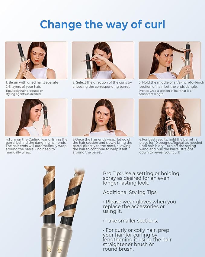 Blow Dryer Brush, 6 in 1 Auto Air Curling Iron Set 3 Temperature 1000W Powerful Negative Ionic Hair Dryer Brush Set with Thermal Brush, 60000RPM Hot Air Brush, Left&Right Curler Wand (Champagne Gold)