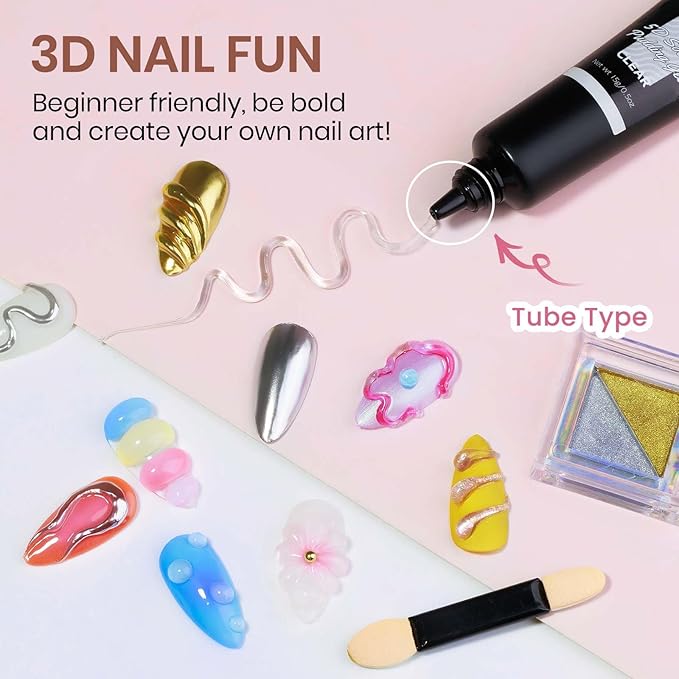 MIZHSE 3D Nail Gel and Chrome Nail Powder Kit, Clear Sculpting Gel for Nail Art Nail Charms 3D Gel Nail Art No Wipe Molding Gel for Nails Decoration Manicure Home DIY