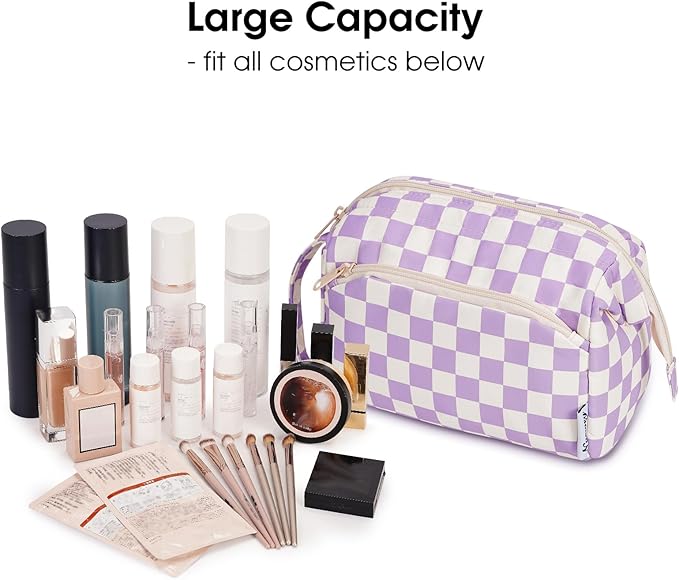 Narwey Checkered Makeup Bag Women Wide-open Make up Bag Travel Cosmetic Bag Organizer Toiletry Bag for Cosmetics Toiletries Accessories (Purple Checkerboard)