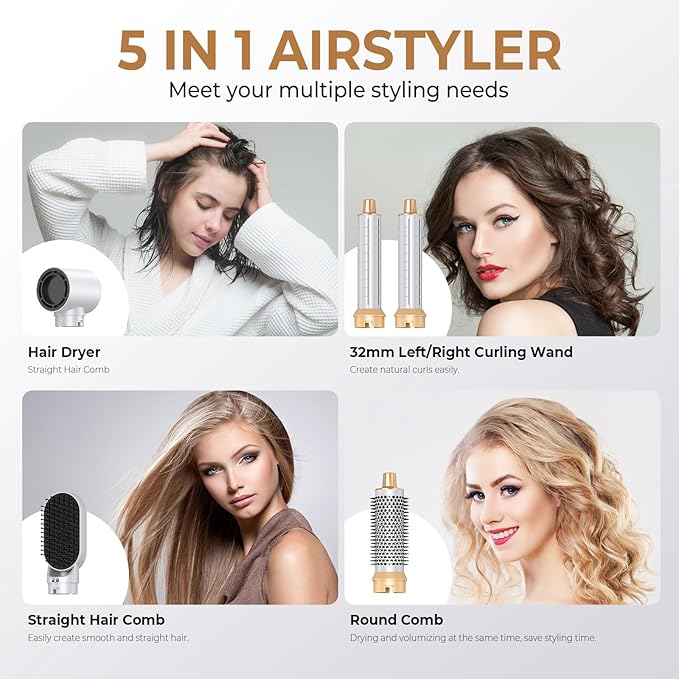 Blow Dryer Brush 5 in 1, Negative Ion Hair Dryer Brush Set Air Styler Curling Wrap Air Curler, Upgrade Hot Air Brush Curling Iron Hair Styling Tools As A Gift for Straight/Curl/Drying/Smoothing