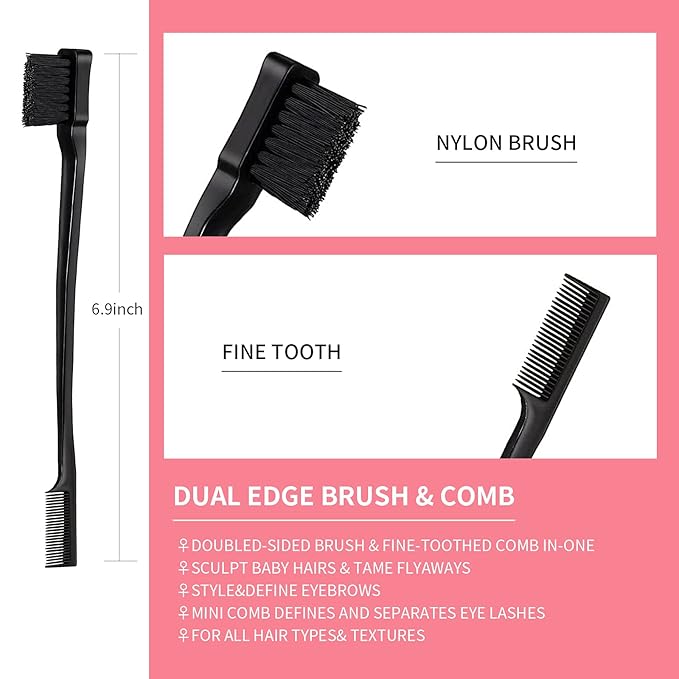 3 Pieces Comb Set for Teasing, Edge & Back Brushing - Rat Tail & Edge Combs for Styling Women's Hair (Black)