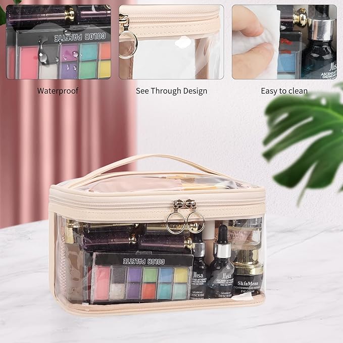 OCHEAL Makeup Bag, Clear Makeup Organizer Bag Portable Cosmetic Bag, Cute Transparent Case For Women and Girls traveling Storage with zipper Divider Brush Compartment-Clear Beige white