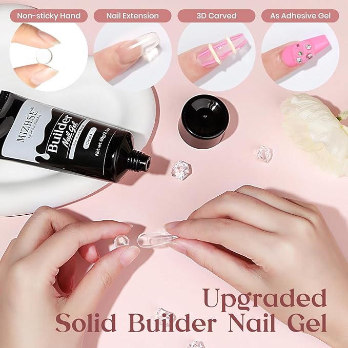 MIZHSE Solid Builder Gel, 2.1oz/60g Clear Builder Gel for Nails 3D Nail Gel Non-sticky Simple Sculpture Molding Gel for Beginner & Professional DIY Salon Nail Art Design Home Manicure