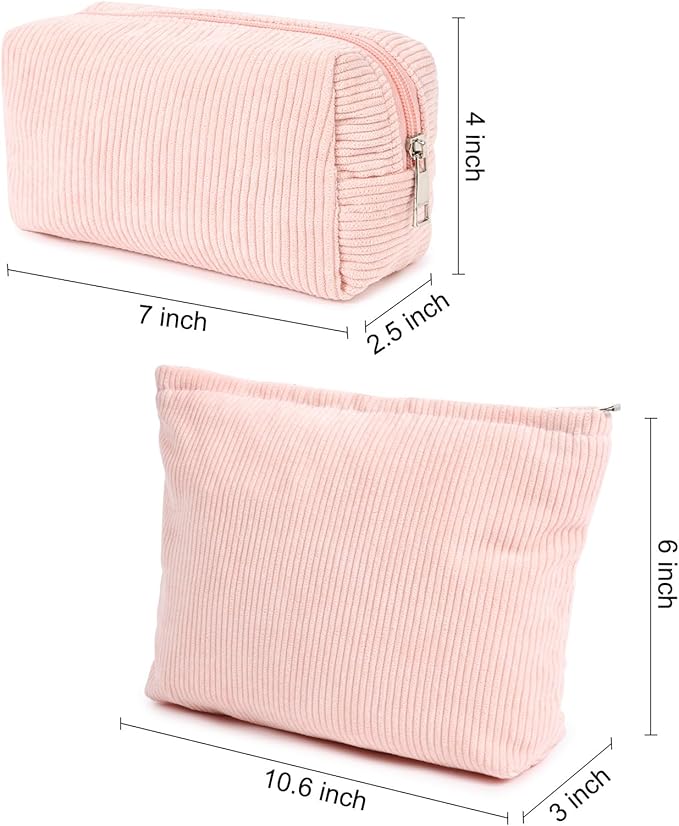 2 Pieces Makeup Bag Large Corduroy Cosmetic Bag Capacity Canvas Mix Travel Toiletry Bag Organizer Cute Makeup Brushes Aesthetic Accessories Storage Bag for Women, Corduroy Mix Pink