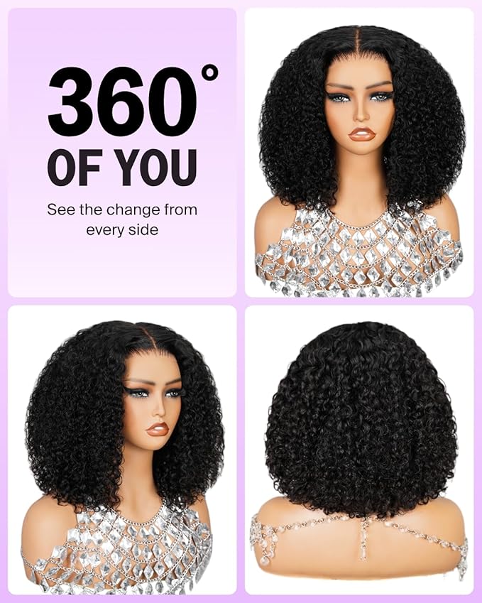 6x6 Curly Bob Wig Human Hair Glueless Curly Wig Pre Cut HD Lace Closure Bob Wig Glueless Wig Pre Plucked Bleached Knots 14 Inch
