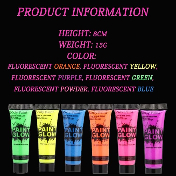 6 Pcs Glow in the Dark Body and Face Paint,Blacklight Neon Body Paints,Washable Quicker Dry Fluorescent Face & Body Makeup for Party Supplies
