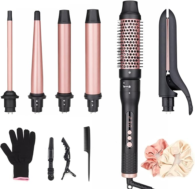 6 in 1 Curling Iron, Curling Wand Set with Curling Brush, Flat Iron and 4 Interchangeable Ceramic Barrels (0.5"-1.25"), Instant Heat Up, Dual Voltage Hair Curler, Include Glove