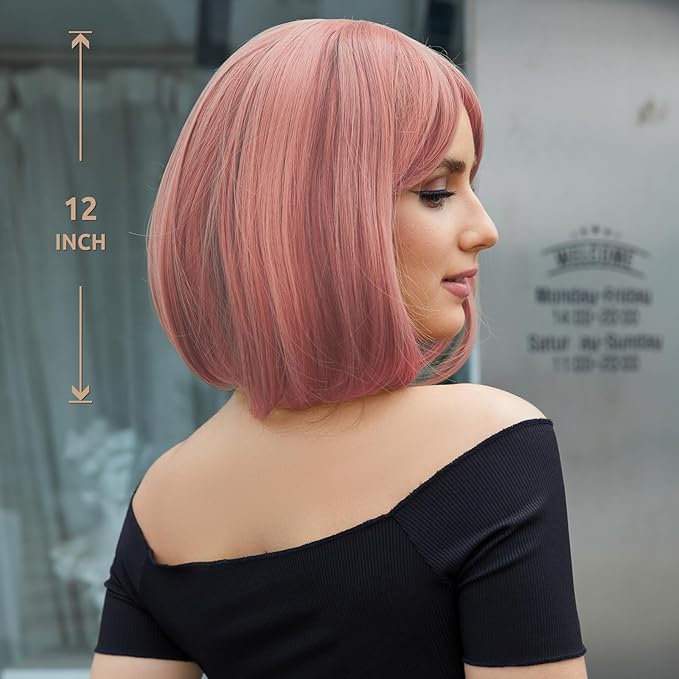 Onpep Pink Wig with Bangs Short Bob Natural Looking Wigs for Women Straight Shoulder Length Heat Resistant Synthetic Wigs