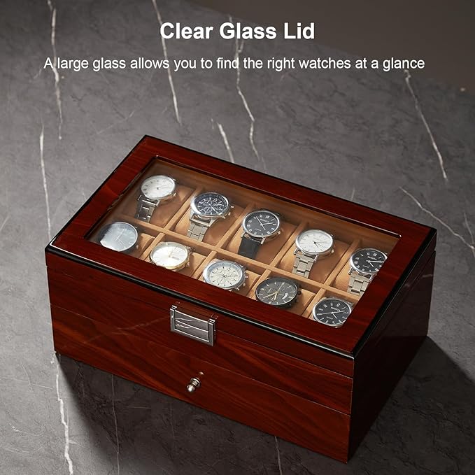 20-Slot Wooden Watch Box, Wood Watch Case with Glass Lid, 2 Layer Storage Organizer for Men Women, Velvet Lining, Watch Display Box, Mother's Day Gifts