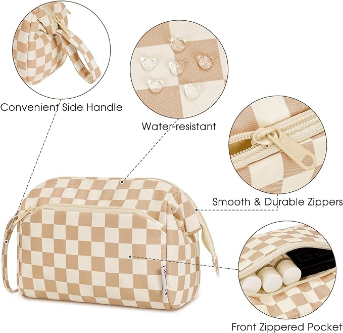 Narwey Large Checkered Makeup Bag Women Wide-open Make up Bag Travel Cosmetic Bag Organizer Toiletry Bag for Cosmetics Toiletries Accessories (Light Checkerboard)