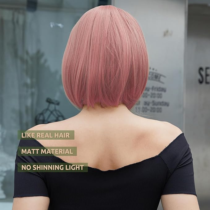 Onpep Pink Wig with Bangs Short Bob Natural Looking Wigs for Women Straight Shoulder Length Heat Resistant Synthetic Wigs