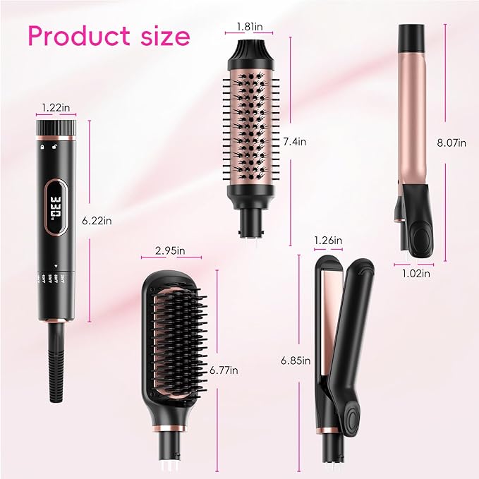 Nicebay Hair Straightening Brush Set with Thermal Brush Flat Iron, 1 Inch Ceramic Curling Iron, 5 Adjustable Temps Professional Fast Heat with Glove, Dual Voltage for Travel, Women Gifts