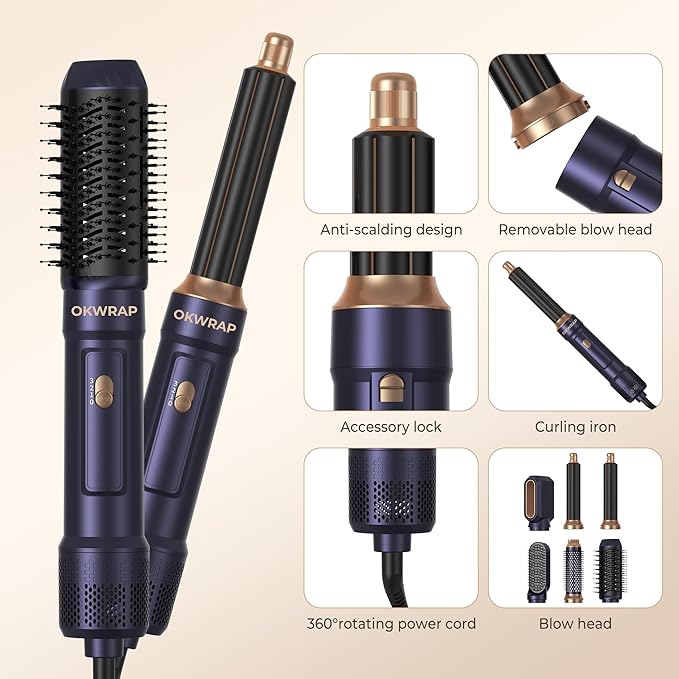 6 in ONE Blow Dryer Brush,Air Curling Iron Round Brush for Blow Out 1000W,Ionic Hair Dryer Brush for Women, Blowout Brush Air Styler Curler
